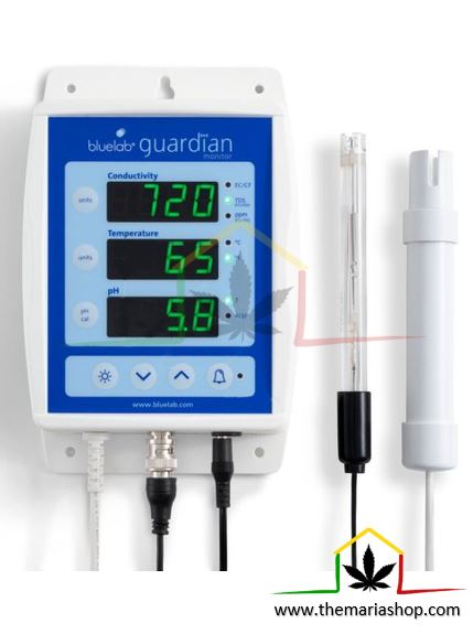 El Monitor Guardian de Bluelab controla, mide y ajusta el pH, el EC y la temperatura del agua de forma continua y monitorizada.
