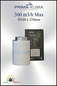 Filtro antiolor de carbon activo Prima Klima, diámetro de boca 100 con capacidad de hasta 360 m3/h, neutraliza los olores de los cultivos.