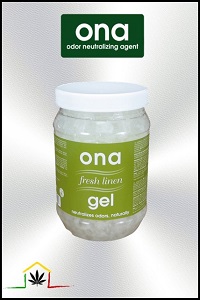 Ona Gel fresh linen, sistema antiolor, neutraliza los olores en los cultivos de interior. Disponible en formato de 400gr, 732gr y 3,8 kg.