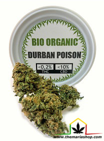 BIO ORGANIC DURBAN POISON 3,5GR, Flores de cáñamo industrial con fines aromáticos. THC inferior al 0,2% y CBD 10%. Sin efectos psicoactivos ni farmacológicos.