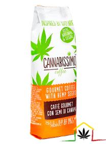 Venta de Café arábico molido de Cannabissimo, con extractos de marihuana y proteína natural del aceite de semillas de cáñamo.