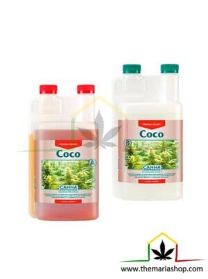 Canna Coco a+b es un fertilizante de crecimiento y floración para plantas de marihuana cultivadas en fibra de coco. Puedes comprarlo en Themariashop