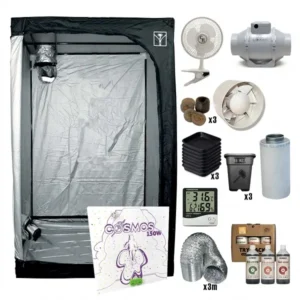 Kit indoor 60x60 completo con armario Cultibox Light 60x60x140, LED Cosmos 150W, filtro de carbón y abonos BioBizz