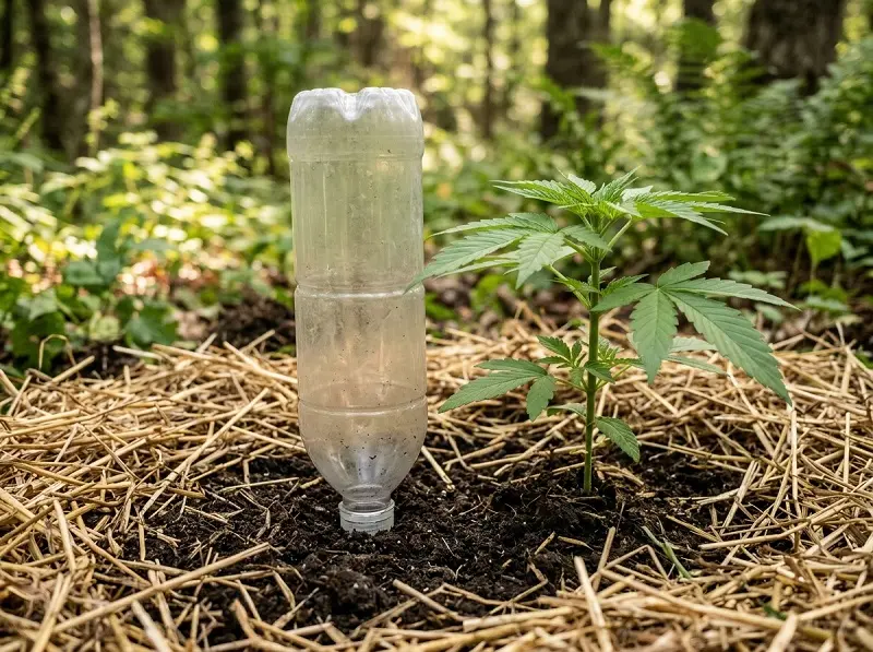 Système d'arrosage par bouteille enterrée au pied d'un plant de cannabis en extérieur