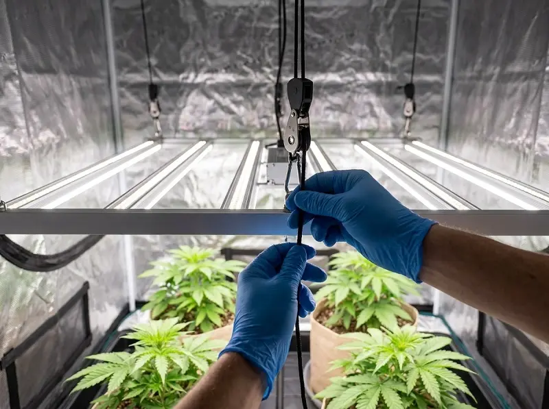 Réglage de la distance entre une lampe LED horticole et des plants de cannabis