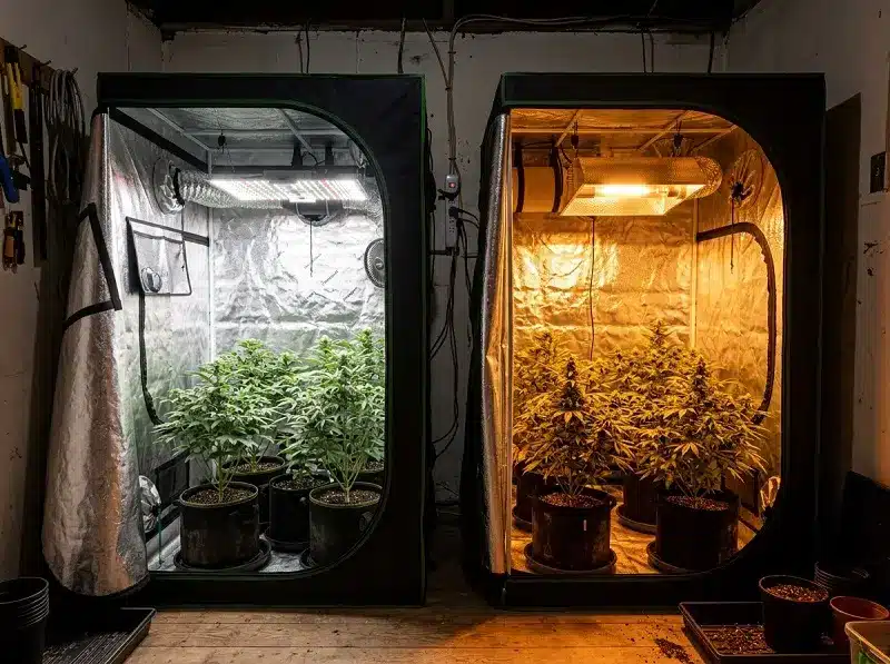 Comparaison d'une lampe LED horticole et d'une lampe au sodium dans une chambre de culture