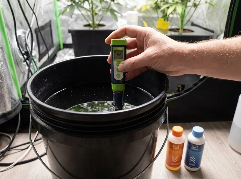Mesure du pH de l'eau d'arrosage du cannabis avec un pH-mètre numérique