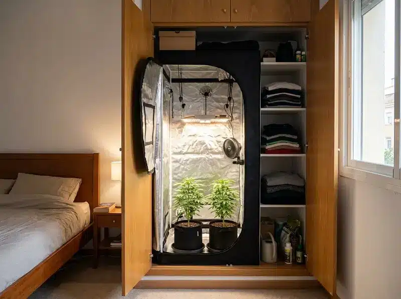 Mini chambre de culture 60x60 installée dans un placard