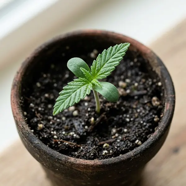 Plantule de cannabis avec ses premières vraies feuilles