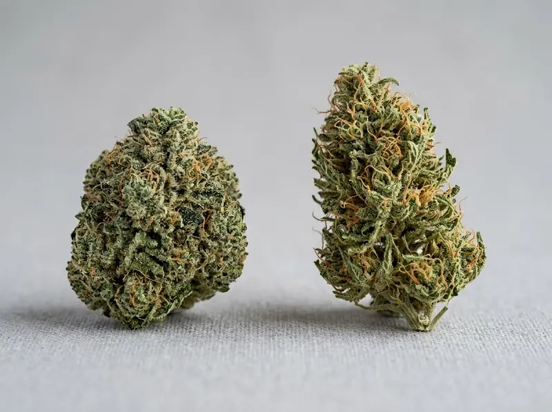 Comparaison entre une tête de cannabis compacte et dense et une tête aérée
